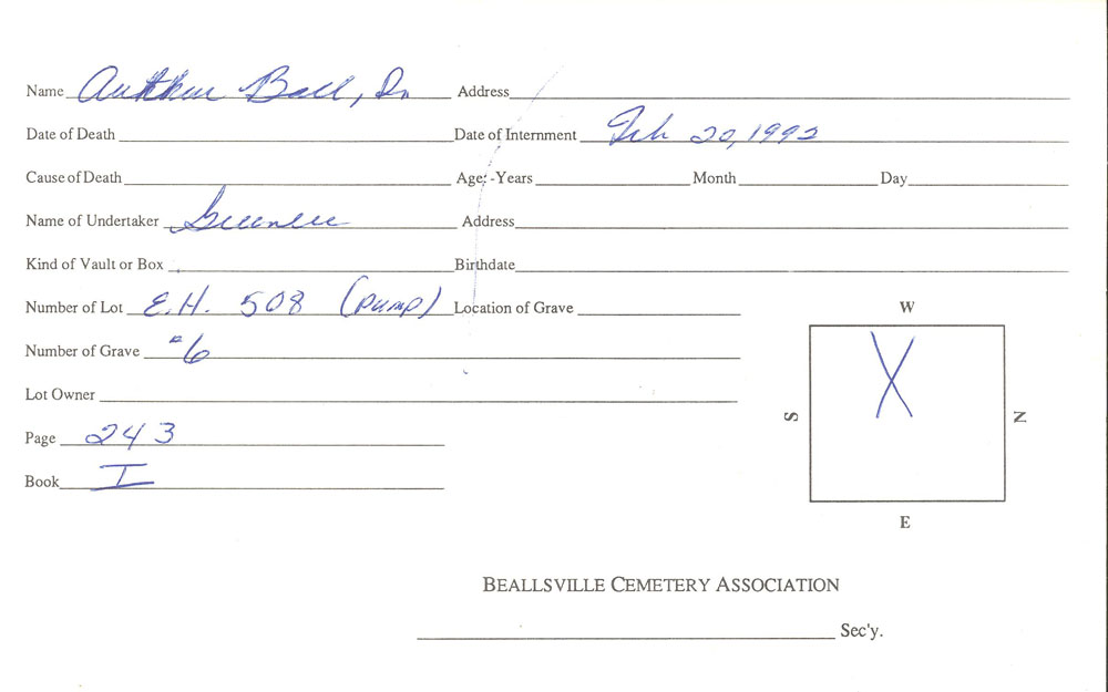 Arthur Ball Sr. burial card